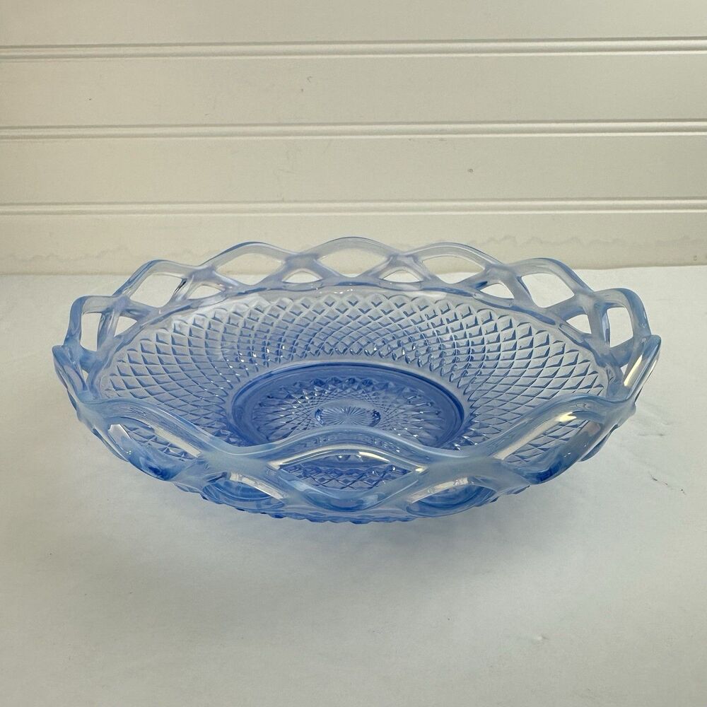 Imperial Glass Sugar Cane Laced Edge Katy Blue Opalescent Shallow Bowl Lattice